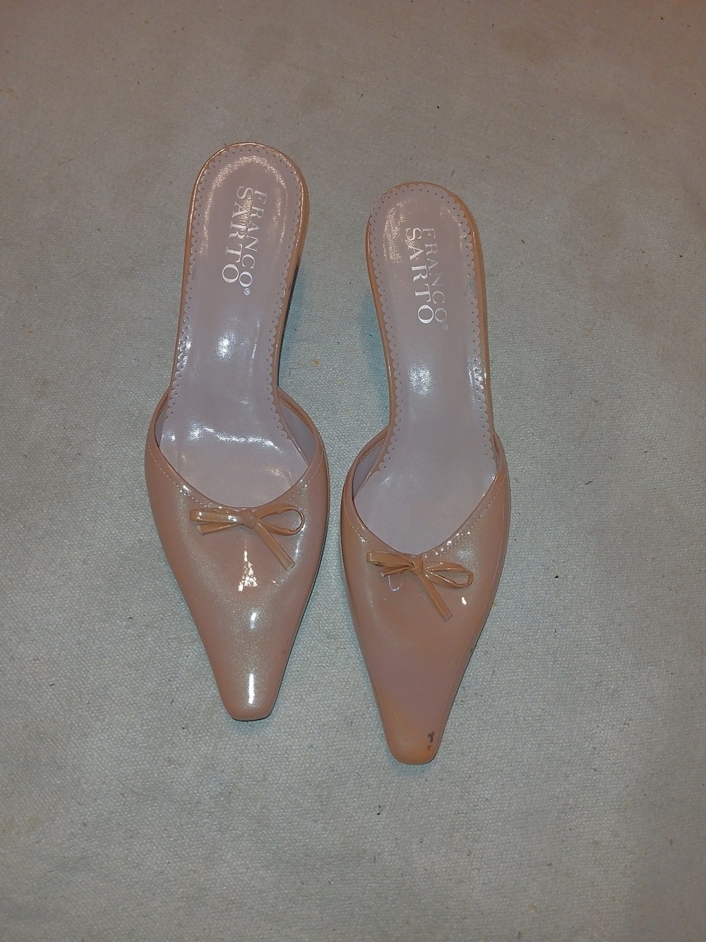 Franco Sarto Patent Pointed-Toe Bow Mules in Blush